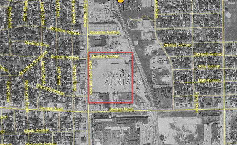 Flint Mall Shopping Center (cancelled) - 1975 Arlans Aerial (newer photo)